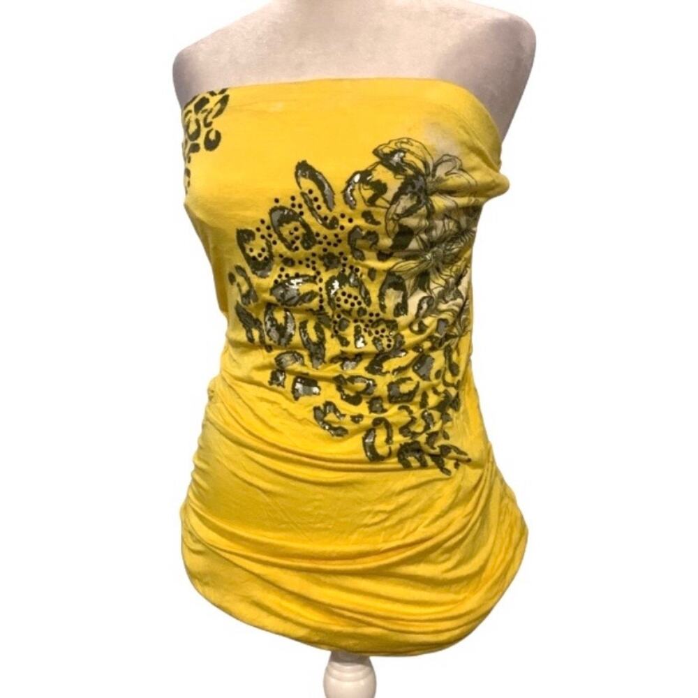 Y2K McBling Yellow Cheetah Rhinestone Tube Top Size Large